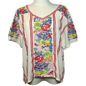 J. Marie Hana Embroidered V-Neck Top White Medium